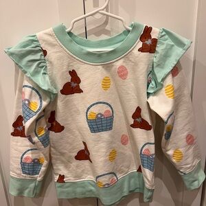 Monica & Andy organic double ruffle sweatshirt with Easter bunny and egg print